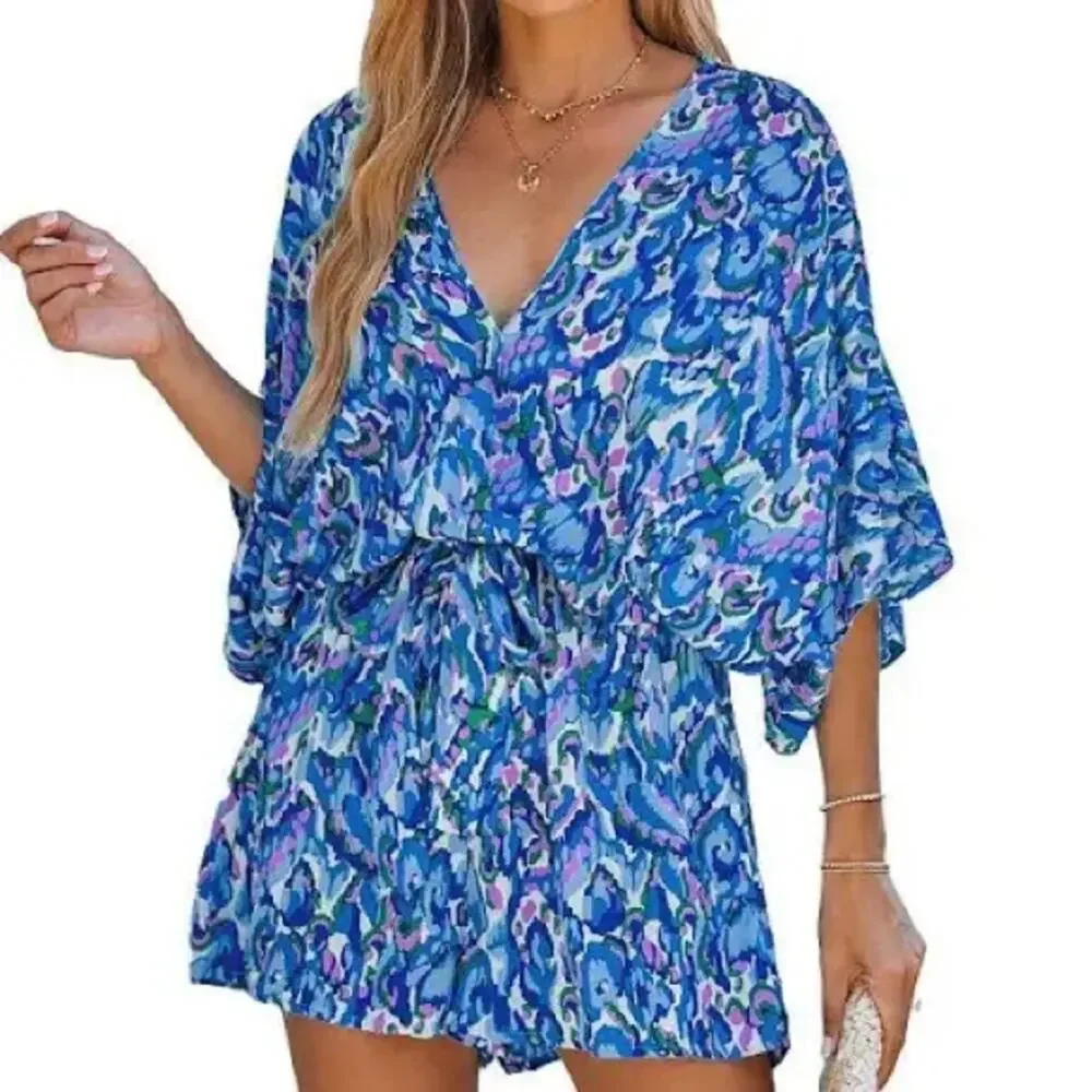 NWT Cupshe Blue Pink Green Abstract Print V-neck Drawstring Swim Romper XL 1251